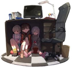  3girls ahoge bad_id bad_twitter_id binder black_footwear blue_eyes blue_skirt blush book brown_eyes brown_footwear brown_hair chair checkered_floor collared_shirt commentary computer_mouse desk desk_lamp flower_pot grey_eyes grey_hair grey_hoodie hairband highres holding holding_book hood hood_down hoodie hoshi_syoko idolmaster idolmaster_cinderella_girls kneehighs lamp light_brown_hair long_sleeves looking_at_viewer looking_down monitor morikubo_nono multiple_girls mushroom no_shoes office_chair on_floor pink_legwear pink_shirt pleated_skirt polka_dot polka_dot_legwear reading red_hairband sakuma_mayu shade shirt sitting skirt socks suspender_skirt suspenders swivel_chair tile_floor tiles trash_can under_the_desk_(idolmaster) under_the_table white_background white_legwear yellow_legwear yoyoyo_(dxayo) 