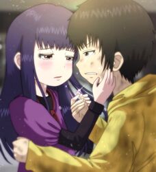  1boy black_hair brown_eyes brown_hair commentary_request crying crying_with_eyes_open dirty dirty_face dress eye_contact female grey_eyes high_score_girl highres hood hoodie jewelry long_hair long_sleeves looking_at_another oono_akira purple_dress ring straight sunday-offline tears yaguchi_haruo yellow_hoodie 