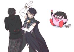  2boys absurdres amamiya_ren amamiya_ren_(cosplay) bad_id bad_twitter_id bayonetta bayonetta_(series) bayonetta_2 beating black_hair commentary cosplay elbow_gloves female glasses gloves gun highres jewelry kirby kirby_(series) lipstick makeup mask mole mole_under_mouth multiple_boys necklace pants persona persona_5 roviahc school_uniform short_hair slapping super_smash_bros. uniform weapon 