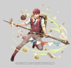  1boy bag belt boots commentary_request cookie cuboon fire_emblem fire_emblem_echoes:_shadows_of_valentia fire_emblem_gaiden fire_emblem_heroes food fruit_sandwich full_body grey_background jam lukas_(fire_emblem) lukas_(picnic)_(fire_emblem) male_focus necktie official_art pot red_eyes red_hair sandwich solo sparkle staff vest 