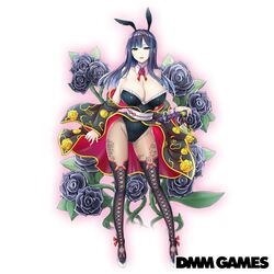  animal_ears black_baccara_(flower_knight_girl) black_flower black_pantyhose black_rose breasts copyright_name dmm female fishnet_pantyhose fishnets flower flower_knight_girl full_body hair_ornament large_breasts long_hair looking_at_viewer official_art pale_skin pantyhose playboy_bunny purple_eyes rabbit_ears rose sash showgirl_skirt solo standing wakame white_background 