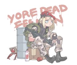  bags_under_eyes beret box cardboard_box commentary cosplay dinergate_(girls&#039;_frontline) drum_(container) english_commentary english_text female fingerless_gloves full_body girls&#039;_frontline gloves graffiti gun h&amp;k_mp5 half-life_(series) half-life_1 hat headcrab hecu_marine hecu_marine_(cosplay) jarv meme military military_uniform mp5_(girls&#039;_frontline) non-humanoid_robot robot sangvis_ferri simple_background soldier spray_can submachine_gun typo uniform weapon white_background 