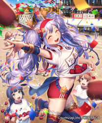  5girls :d ^_^ arched_back arm_up basket beads bean_bag black_hair blue_eyes blue_thighhighs braid breasts brown_eyes brown_hair buruma closed_eyes clothes_writing commentary_request company_name confetti copyright_name day esukee flower from_side gym_uniform hair_beads hair_flower hair_ornament hairband jumping lace lace-trimmed_legwear lace_trim long_hair looking_at_another looking_at_viewer looking_up medium_breasts midriff motion_blur multiple_girls official_art open_mouth outdoors purple_hair red_buruma sengoku_saga shirt shirt_basket short_hair short_sleeves smile solo_focus sports_festival standing string_of_flags sweat thighhighs throwing twintails watermark white_shirt 