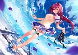  barefoot clouds front_wing long_hair nanaca_mai original red_hair seifuku skirt sky water 