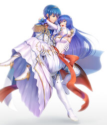  1boy absurdres bad_id bad_pixiv_id blue_eyes blue_hair caeda_(bridal)_(fire_emblem) caeda_(fire_emblem) cape carrying closed_mouth commentary_request dress female fire_emblem fire_emblem:_mystery_of_the_emblem fire_emblem_heroes flower formal gloves gonzarez high_heels highres long_hair marth_(fire_emblem) marth_(groom)_(fire_emblem) open_mouth princess_carry short_hair simple_background tiara tuxedo wedding_dress white_background white_dress white_gloves 