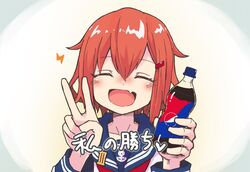  anchor_symbol blue_sailor_collar bottle brown_hair closed_eyes commentary female hair_ornament hairclip highres ikazuchi_(kancolle) kantai_collection meme neckerchief oerba_yun_fang open_mouth parody pepsi pepsi_japan_cola_challenge_(meme) red_neckerchief sailor_collar school_uniform serafuku short_hair skin_fang smile soda_bottle solo translated unagiman upper_body v 