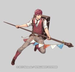  1boy bag belt boots commentary_request cuboon fire_emblem fire_emblem_echoes:_shadows_of_valentia fire_emblem_heroes full_body grey_background lukas_(fire_emblem) lukas_(picnic)_(fire_emblem) male_focus necktie official_art red_eyes red_hair solo staff vest 