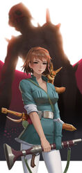  animal breasts brown_eyes brown_hair cleavage closed_mouth commentary earrings female giant gloves gun highres jewelry kaze_no_tani_no_nausicaa kyoshinhei looking_at_viewer nausicaa ohma pet photoshop_(medium) short_hair sunkilow sword teto_(nausicaa) weapon 