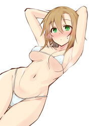  armpits arms_behind_head arms_up bare_shoulders bikini blush breasts brown_hair collarbone commentary female green_eyes hair_between_eyes highres idolmaster idolmaster_cinderella_girls kiyu_rei looking_at_viewer micro_bikini navel short_hair simple_background solo swimsuit tada_riina thighs white_background white_bikini 