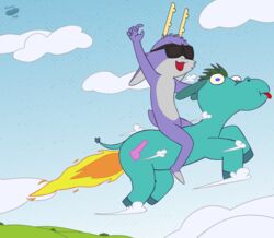  2018 anthro antlers bedfellows cloud cutie_mark digital_media_(artwork) duo equid equine eyewear fatigue_(bedfellows) fire fur grey_body grey_fur hasbro horn horse jackalope lagomorph male mammal my_little_pony open_mouth outside pony purple_body purple_fur simple_background sky smile sunglasses tongue tongue_out wiener-fag 