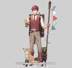  1boy bag belt bird boots commentary_request cuboon fire_emblem fire_emblem_echoes:_shadows_of_valentia fire_emblem_gaiden fire_emblem_heroes food fox full_body grey_background lukas_(fire_emblem) lukas_(picnic)_(fire_emblem) male_focus necktie official_art raccoon red_eyes red_hair sandwich solo staff vest 