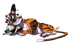  2017 black_hair closed_eyes clothed clothing cuddling dipstick_tail duo felid female feral fur hair heart_symbol hi_res human kazumi_mishima kazumi_mishima&#039;s_tiger makeup mammal markings multicolored_tail orange_body orange_fur pantherine pawpads simple_background smile stripes tail tail_markings tekken tiger whiskers white_background white_body white_fur zkaijuraptor 