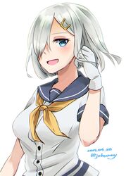  blue_eyes commentary_request dated female gloves grey_hair hair_ornament hair_over_one_eye hairclip hamakaze_(kancolle) highres johssnny kantai_collection looking_at_viewer neckerchief one-hour_drawing_challenge school_uniform serafuku short_hair short_sleeves simple_background smile solo twitter_username upper_body white_background white_gloves yellow_neckerchief 