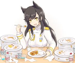  aiguillette animal_ears atago_(azur_lane) azur_lane black_hair blush buttons commentary_request cup curry curry_rice double-breasted drinking_glass drinking_straw eating empty_plate female food hadoukirby long_hair long_sleeves looking_at_viewer medal military military_uniform mole mole_under_eye open_mouth plate rice shrimp shrimp_tempura simple_background smile soda_bottle solo spoon tempura uniform white_background wolf_ears yellow_eyes 