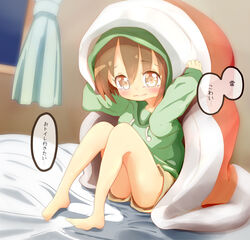  22m arms_up bangs barefoot blanket blush brown_eyes brown_hair brown_shorts curtains dutch_angle eyebrows_visible_through_hair female female full_body green_hoodie have_to_pee hood hoodie indoors japanese_text knees_up lolicon looking_at_viewer matching_hair/eyes night on_bed open_mouth original shiny shiny_hair short_hair short_shorts shorts sitting solo speech_bubble talking tears translation_request window 