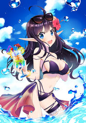  :d ahoge bare_arms bare_shoulders bikini black_bikini black_hair blue_eyes blue_sky blush breasts cleavage cloud cloudy_sky commentary_request criss-cross_halter cup day drinking_glass drinking_straw elf eyewear_on_head female flower hair_flower hair_ornament halterneck hand_on_own_chest hibiscus highleg highleg_bikini highres holding hurricane_glass king&#039;s_raid large_breasts long_hair looking_at_viewer mirianne_(king&#039;s_raid) navel open_mouth outdoors pointy_ears red_flower sidelocks sky smile solo standing star_(symbol) stomach sunglasses swimsuit thigh_strap tropical_drink wading water water_drop wristband yumi_(milomonkey) 