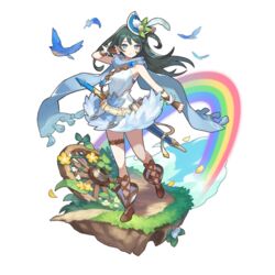  bare_shoulders bird black_hair blue_eyes blue_headwear breasts dragalia_lost dress faux_figurine female full_body long_hair looking_at_viewer non-web_source odetta_(dragalia_lost) official_art rainbow saitou_naoki sleeveless sleeveless_dress smile solo standing sword transparent_background weapon white_dress 