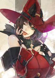  ;p black_gloves black_hair breasts commentary_request detached_sleeves female fingerless_gloves gloves green_eyes guilty_gear guilty_gear_xrd hat high_collar i-no ian_olympia large_breasts lips lipstick makeup mole mole_above_mouth nail_polish o-ring o-ring_top off_shoulder one_eye_closed short_hair solo tongue tongue_out twitter_username witch_hat 