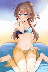  ahoge arm_behind_back arm_support ass_visible_through_thighs bare_legs bare_shoulders barefoot beach beach_towel beach_umbrella bikini blue_bikini blue_eyes blue_umbrella blush breasts collarbone colored_stripes commentary diagonal_stripes embarrassed feet female full_body grey_hair groin hair_ribbon hand_on_own_cheek hand_on_own_face high_ponytail kantai_collection kazagumo_(kancolle) kazagumo_(swimsuit_mode)_(kancolle) long_hair looking_at_viewer lowleg lowleg_bikini multi-strapped_bikini navel open_mouth orange_ribbon orange_sarong outdoors parted_bangs polka_dot polka_dot_sarong ponytail raised_eyebrows revision ribbon rui_shi_(rayze_ray) sarong see-through shade sitting small_breasts solo striped_bikini striped_clothes striped_ribbon swimsuit thigh_gap towel umbrella under_umbrella wariza 