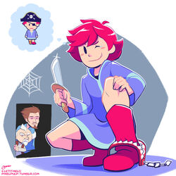  2boys artist_name bear_trap beard bite blue_hoodie blush boots brown_hair doorway duster eyebrows eyepatch female female female_focus goatee hand_on_knee hoodie indoors knees knife kumatora legs lipstick mother_(series) mother_3 moustache nintendo one_eye_closed pain painful peg_leg pink_boots pink_hair pirate pirate_hat pixelpulp quivering spider_web tears teeth thought_bubble trap unimpressed video_games weapon wess white_hair 