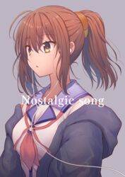  angel_beats! black_jacket blue_sailor_collar brown_eyes brown_hair commentary_request cover cover_page doujin_cover earphones female hair_between_eyes hisako_(angel_beats!) jacket long_hair looking_to_the_side nakamura_hinato neckerchief ponytail red_neckerchief sailor_collar school_uniform serafuku shinda_sekai_sensen_uniform solo upper_body 