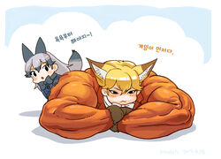  2girls :3 alternate_muscle_size animal_ear_fluff animal_ears black_bow black_gloves black_hair blonde_hair bow bowtie commentary_request ezo_red_fox_(kemono_friends) fox_ears fox_tail gloves grey_hair hair_between_eyes jacket kemono_friends korean_commentary korean_text long_hair long_sleeves meme multicolored_hair multiple_girls muscle_fox muscular muscular_female parody photoshop_(medium) roonhee silver_fox_(kemono_friends) tail translated 