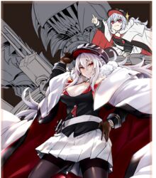  2girls azur_lane black_headwear black_legwear breasts brown_gloves cleavage coat commentary_request cross fur-trimmed_coat fur_trim gloves graf_zeppelin_(azur_lane) grin hair_between_eyes hand_on_own_hip hat iron_cross large_breasts lefthand long_hair long_sleeves looking_at_viewer military military_hat military_uniform multiple_girls pantyhose peaked_cap pleated_skirt pointing pout red_eyes rigging sidelocks skirt smile sparkle teeth uniform very_long_hair white_hair white_skirt zeppy_(azur_lane) 