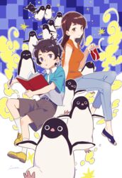  1boy aoyama-kun_(penguin_highway) belt bird black_hair blue_eyes book booota brown_eyes brown_hair brown_shorts can commentary_request cover cover_page curly_hair female from_side full_body grey_pants holding holding_book holding_can holding_pen lolicon long_hair novel_cover official_art onee-san_(penguin_highway) orange_shirt pants parted_lips pen penguin penguin_highway sandals shirt shoes short_sleeves shorts signature sitting socks white_legwear 