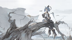  armor azur_lane blue_hair breasts choker commentary_request dress female fleur-de-lis floating_headgear gascogne_(azur_lane) gauntlets greaves hair_between_eyes headgear highres holding looking_afar md5_mismatch multicolored_hair ocean official_art outdoors photoshop_(medium) short_hair sitting solo strapless strapless_dress toriumi_harumi water white_dress wide_shot yellow_eyes 