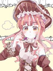  bare_shoulders black_bow blush bow braid commentary_request crepe_(cuisine_dimension) cuisine_dimension detached_sleeves female frilled_hat frilled_sleeves frills hanataro_(sruvhqkehy1zied) hand_up hat heart heart-shaped_pupils long_hair long_sleeves looking_at_viewer pink_hair sidelocks solo symbol-shaped_pupils upper_body yellow_eyes 