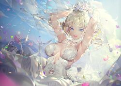  armpits arms_behind_head blonde_hair blue_eyes blurry blurry_foreground breasts bridal_veil cake catherine catherine:_full_body catherine_(game) choker cloud commentary crab_d day depth_of_field dress drill_hair dutch_angle english_commentary female flower food looking_at_viewer medium_breasts parted_lips petals sky solo sparkle twin_drills twintails veil wedding_cake wedding_dress white_dress 