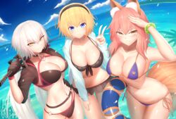  3girls ahoge animal_ears armpit_peek armpits bare_shoulders beach bikini black_bikini black_jacket blonde_hair blue_bikini blue_eyes blue_jacket blush bracelet braid breasts bu_li cleavage commentary cropped_jacket day fate/grand_order fate_(series) fox_ears fox_tail highres hood hooded_jacket innertube jacket jeanne_d&#039;arc_(fate) jeanne_d&#039;arc_(swimsuit_archer)_(fate) jeanne_d&#039;arc_(swimsuit_archer)_(first_ascension)_(fate) jeanne_d&#039;arc_alter_(fate) jeanne_d&#039;arc_alter_(swimsuit_berserker)_(fate) jewelry large_breasts long_braid long_hair looking_at_viewer multiple_girls navel outdoors pink_hair single_braid smile swim_ring swimsuit tail tamamo_(fate) tamamo_no_mae_(swimsuit_lancer)_(fate) yellow_eyes 