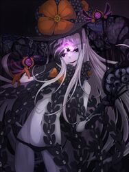  abigail_williams_(fate) abigail_williams_(third_ascension)_(fate) black_bow black_gloves black_hat black_panties blue_eyes bow commentary_request corruption fate/grand_order fate_(series) female flower gloves hat hat_flower highres keyhole long_hair looking_at_viewer miimu_(nelreg3) multiple_bows multiple_hat_bows navel orange_bow panties parted_bangs polka_dot polka_dot_bow red_eyes revealing_clothes skull smile solo tentacle underwear very_long_hair white_hair witch_hat 