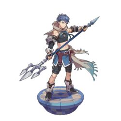  1boy aqua_eyes bare_shoulders belt blue_hair boots dragalia_lost full_body hood jakob_(dragalia_lost) looking_at_viewer male_focus non-web_source official_art polearm saitou_naoki solo standing transparent_background trident weapon 