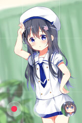  arm_up beret black_hair blue_necktie blurry blurry_background blush chestnut_mouth commentary_request cosplay cowboy_shot depth_of_field deyui dutch_angle female fingernails flower gochuumon_wa_usagi_desu_ka? hair_between_eyes hair_flower hair_ornament hand_on_own_hip hat highres kafuu_chino kafuu_chino&#039;s_school_uniform kafuu_chino_(cosplay) long_hair looking_at_viewer necktie parted_lips pink_flower plant potted_plant puffy_short_sleeves puffy_sleeves purple_eyes sailor_collar school_uniform serafuku shirosaki_hana shirt short_sleeves skirt solo_focus standing very_long_hair watashi_ni_tenshi_ga_maiorita! white_headwear white_sailor_collar white_serafuku white_shirt white_skirt x_hair_ornament 