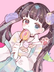  +_- animal_hands black_hair blue_eyes blunt_bangs blush candy commentary decora female food hanataro_(sruvhqkehy1zied) heterochromia lollipop long_hair long_sleeves looking_at_viewer mahou_shoujo_ikusei_keikaku mahou_shoujo_ikusei_keikaku_aces nakano_sorami neckerchief pink_background red_eyes sailor_collar shirt simple_background solo strap_slip striped striped_neckerchief symbol-only_commentary twintails upper_body white_sailor_collar white_sleeves 