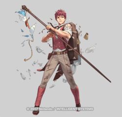  1boy bag belt boots commentary_request cuboon cup fire_emblem fire_emblem_echoes:_shadows_of_valentia fire_emblem_gaiden fire_emblem_heroes full_body grey_background injury lukas_(fire_emblem) lukas_(picnic)_(fire_emblem) male_focus necktie official_art plate red_eyes red_hair solo staff teacup teeth torn_clothes vest 