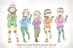  5girls :3 amakasu_hisone black_hair blowing_bubbles blush bodysuit brown_eyes brown_hair chewing_gum commentary_request dancing full_body hachimaki headband hisone_to_masotan hitomi_mayumi hoshino_eri japanese_clothes kaizaki_nao kiichi kimono kinutsugai_ririko le_temps_de_la_rentree_(hisone_to_masotan) motion_blur multiple_girls parody pilot_suit pointing ponytail romaji_text science_fiction short_hair simple_background translated very_short_hair yukata 