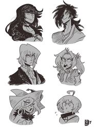  3boys 3girls big_smile black_and_white black_hair eizen_(tales) eleanor_hume emotions eyebrows eyebrows_visible_through_hair eyelashes female hair laphicet_(tales) magilou_(tales) male mouth one_eye_covered open_mouth rokurou_rangetsu scruffyturtles smile sweat tales_of_(series) tales_of_berseria teeth velvet_crowe video_games wide-eyed witch_hat worried 