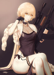  artist_name assault_rifle bare_shoulders black_dress black_hair black_panties blonde_hair breasts bridal_garter bullpup chaciooh china_dress chinese_clothes cleavage commentary covered_navel crossed_legs dress female garter_belt garter_straps girls&#039;_frontline gloss_(hotglossed) gloves grey_background gun hair_ornament high_collar highleg highleg_panties highres medium_breasts official_alternate_costume ots-14_(girls&#039;_frontline) ots-14_(sangria_succulent)_(girls&#039;_frontline) ots-14_groza panties pelvic_curtain rifle scope short_hair side-tie_panties side_slit solo underwear weapon yellow_eyes 