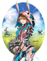  animal_ears aqua_eyes artist_name body_armor bodysuit breasts brown_hair clem commentary dual_wielding easter easter_egg egg fake_animal_ears female grineer gun hair_ornament hair_over_one_eye happy_easter holding holding_gun holding_weapon humanization ivara_(warframe) looking_at_viewer medium_breasts multiple_boys open_mouth outdoors rabbit_ears science_fiction secondary_weapon_(warframe) short_hair smile volt_(warframe) warframe weapon zxpfer 