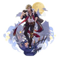  1boy backlighting belt blonde_hair book curran_(dragalia_lost) dragalia_lost facial_hair feline full_body full_moon gloves hand_on_own_hip jacket jacket_on_shoulders looking_at_viewer male_focus moon non-web_source official_art puddle saitou_naoki solo transparent_background 