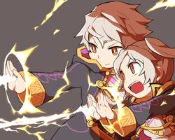  1boy closed_mouth commentary_request electricity female fire_emblem fire_emblem_awakening grey_background long_sleeves open_mouth robe robin_(female)_(fire_emblem) robin_(fire_emblem) robin_(male)_(fire_emblem) short_hair shunrai simple_background twintails white_hair 