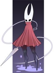  black_eyes black_skin blank_eyes cloak colored_skin commentary_request covered_mouth empty_eyes eye_socket eyelashes female full_body highres holding holding_weapon hollow_knight hornet_(hollow_knight) horns needle_(hollow_knight) nisetanaka no_feet no_humans red_cloak simple_background solo standing string thread weapon wide_hips 