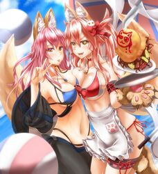  2girls animal_ear_fluff animal_ears animal_hands apron beach bell bikini blue_bikini blue_sky blush breast_press breasts cat_paws cleavage collar collarbone commentary_request day dual_persona fangs fate/grand_order fate_(series) food fox_ears fox_girl fox_tail gloves highres jewelry jingle_bell large_breasts long_hair looking_at_viewer multiple_girls neck_bell necklace open_mouth outdoors paw_gloves paw_shoes pendant pink_hair ponytail shoes sky smile swimsuit symmetrical_docking tail tamamo_(fate) tamamo_cat_(fate) tamamo_no_mae_(fate/extra) tongue totororo yellow_eyes 