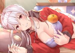  ahoge basket breasts cleavage collarbone commentary_request dark_jeanne female food fruit granblue_fantasy grin haido_(ryuuno_kanzume) hair_intakes hairband indoors jeanne_d&#039;arc_(granblue_fantasy) kotatsu large_breasts long_hair long_sleeves looking_at_viewer lying mandarin_orange navel oppai_mochi orange_(fruit) pajamas pillow red_eyes smile solo stuffed_toy table under_kotatsu under_the_table white_hair white_hairband 