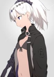  bikini bikini_top_only black_bikini black_jacket black_ribbon blush commentary female flat_chest front-tie_bikini_top front-tie_top girls&#039;_frontline grey_background gun h&amp;k_psg1 hair_ribbon high_ponytail jacket long_hair looking_away name_connection navel object_namesake open_clothes open_jacket ponytail psg-1_(girls&#039;_frontline) purple_eyes ribbon rifle scope simple_background sniper_rifle sohin solo swimsuit upper_body weapon white_hair 