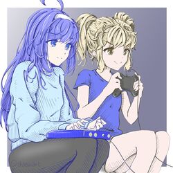  2girls ahoge arcade_stick artist_progress bangs black_legwear blonde_hair blue_eyes blue_hair blunt_bangs brown_eyes cable casual chaesu commentary controller english_commentary eyebrows_visible_through_hair flat_chest game_controller gamepad hairband huge_ahoge joystick long_hair mika_(under_night_in-birth) multiple_girls orie_(under_night_in-birth) pantyhose playing_games revision shirt short_twintails shorts sitting smile sweater t-shirt twintails under_night_in-birth under_night_in-birth_exe:late[st] white_hairband 