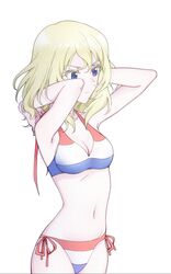  adjusting_hair april_tada arms_up bikini blonde_hair breasts cleavage closed_mouth commentary cowboy_shot dutch_flag dutch_flag_bikini dutch_flag_print eyelashes female flag_print frown girls_und_panzer highres medium_breasts medium_hair messy_hair navel oshida_(girls_und_panzer) photoshop_(medium) side-tie_bikini_bottom simple_background solo swimsuit white_background 