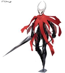  armor black_armor chains clenched_hands cloak commentary english_commentary eye_socket fake_horns female full_armor full_body helmet highres holding holding_weapon hollow_knight horned_helmet hornet_(hollow_knight) horns humanization needle_(hollow_knight) nisetanaka realistic red_cloak solo sword weapon white_background 